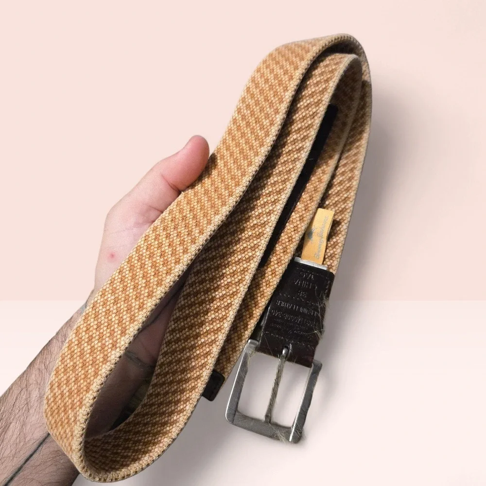 Tommy‎ Bahama Men's 38 Belt Tan Woven Island Tropical Casual Fabric Leather Trim